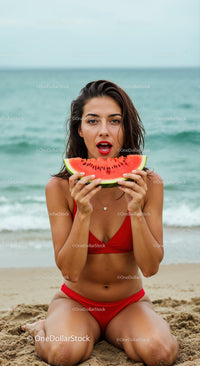 Young Woman in Red Swimsuit Eating Watermelon on Beach