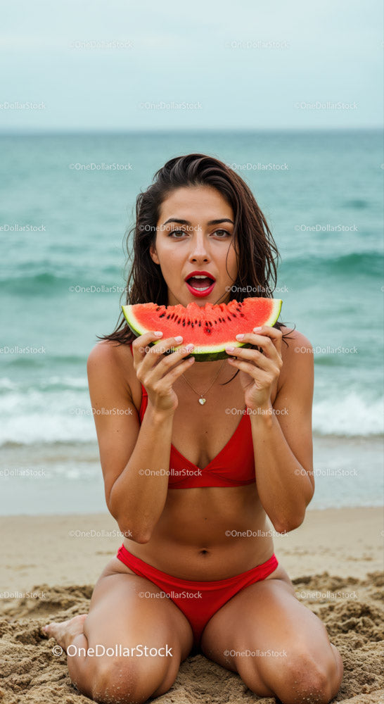 Young Woman in Red Swimsuit Eating Watermelon on Beach