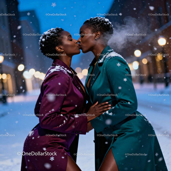 Couple Sharing a Tender Kiss in Snowy Urban Evening
