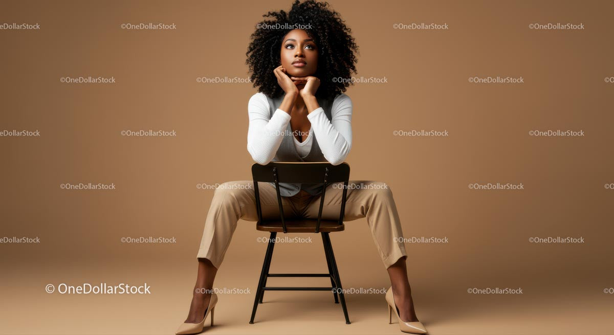 Stylish confident woman sitting on chair with beige background