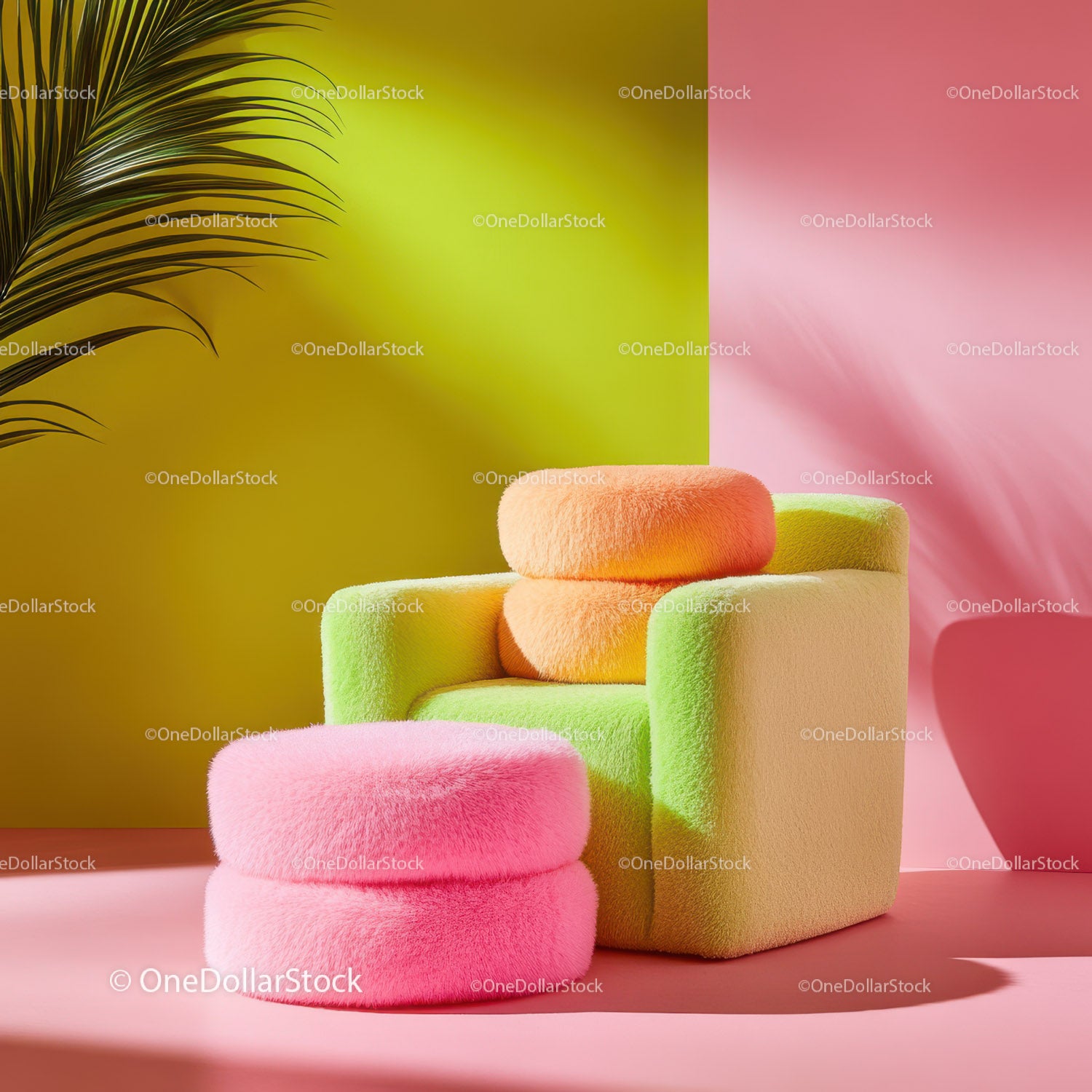 Bright Pink Armchair with Lime Green Cushion and Yellow Ottoman in Modern Living Room