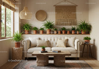 Cozy living room with natural plants and soft lighting