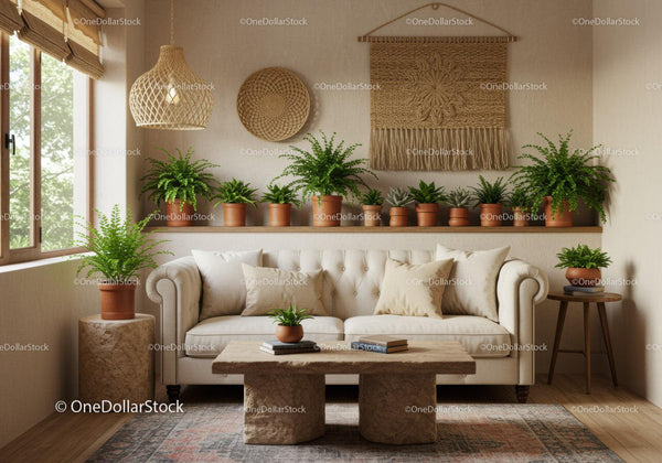 Cozy living room with natural plants and soft lighting