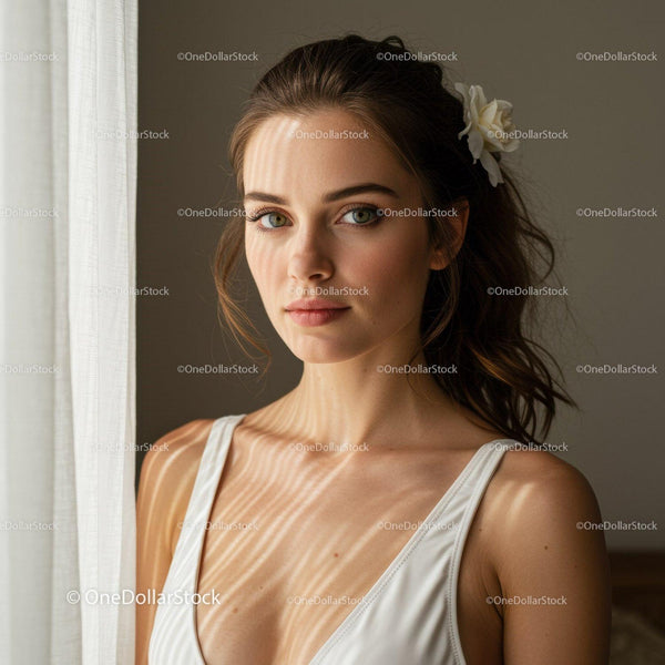 Elegant Portrait of Young Woman with Green Eyes and White Flower