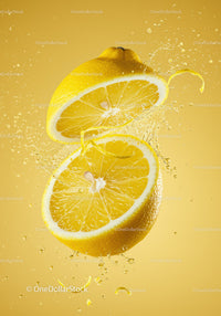 Fresh lemon halves with juice splash on yellow background