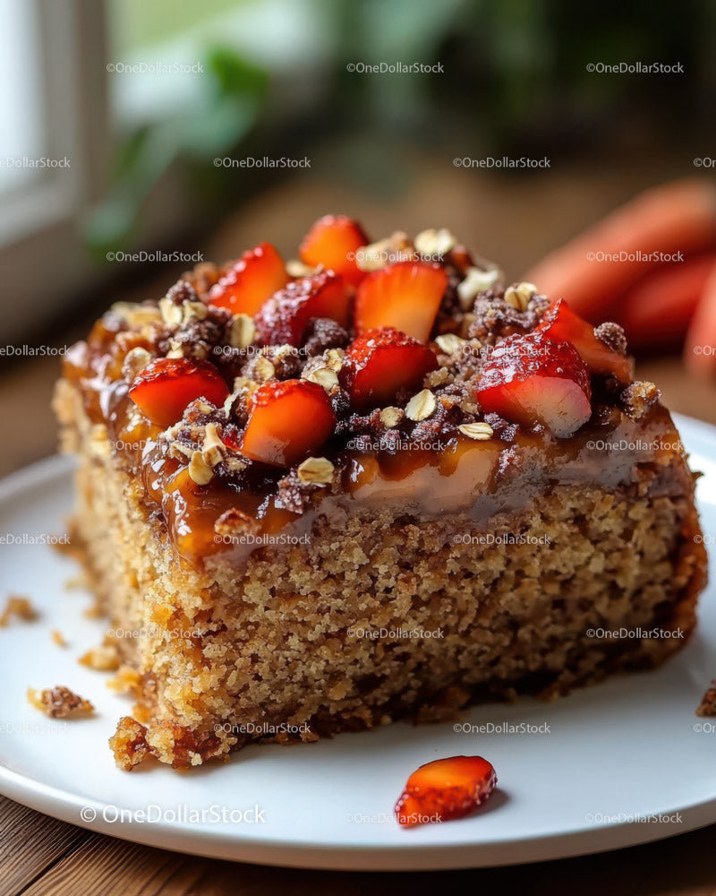 Strawberry Cake Slice with Nut Topping and Chocolate Glaze