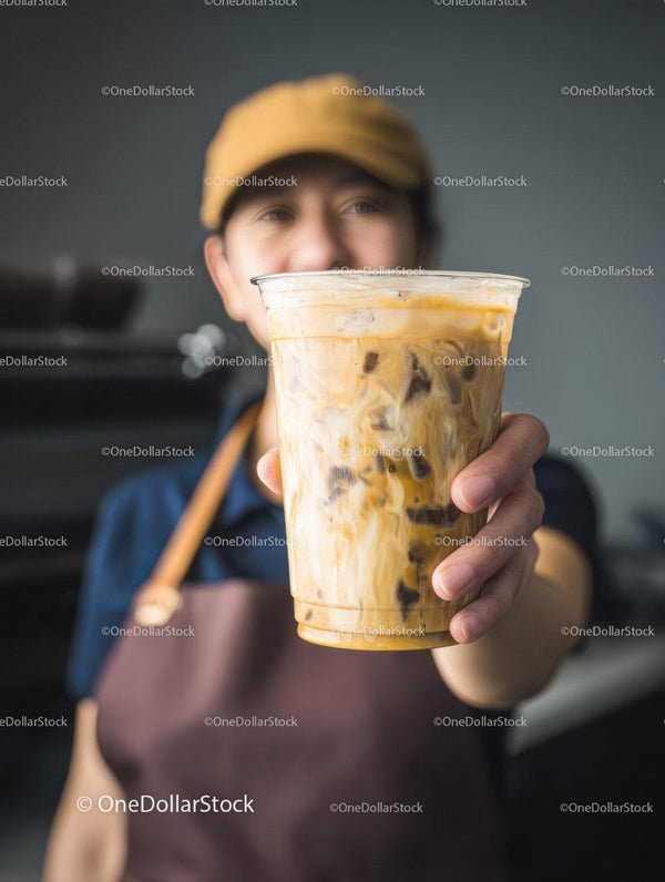 Młoda Kobieta Trzymająca Mrożone Latte w Kawiarni