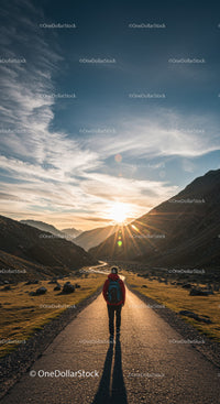 Mountain Valley Sunset Scene with Hiker and Scenic Trail