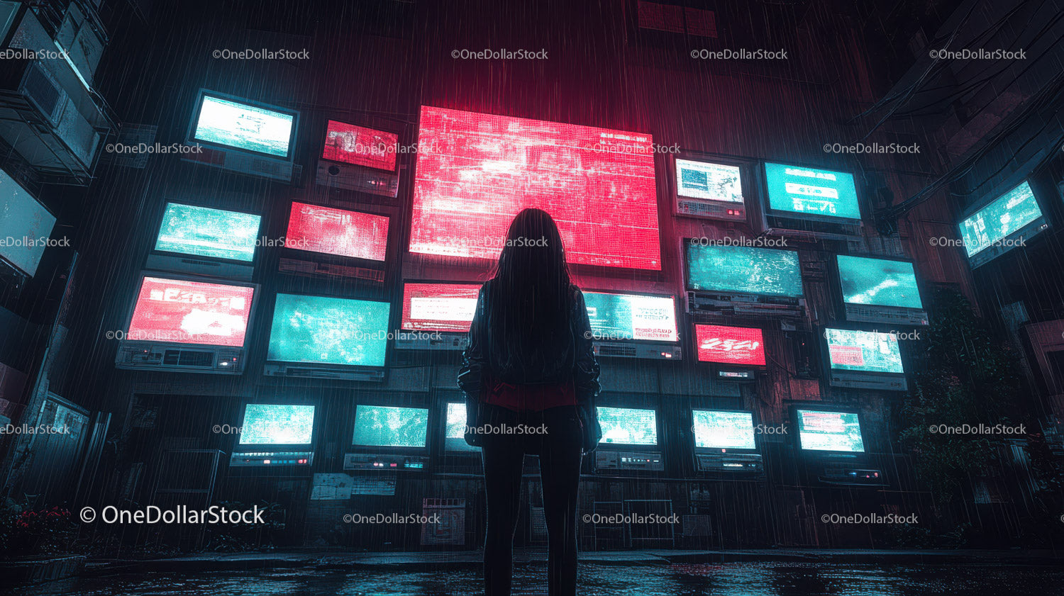 Kobieta stojąca przed wieloma ekranami cyfrowymi w scenerii cyberpunku
