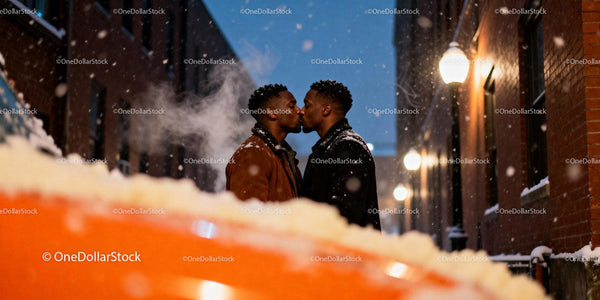 Couple sharing a tender kiss in snowy urban alley