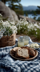 Rustic Bread Basket with Milk Jars and Daisy Flowers in Outdoor Setting