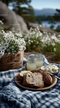 Rustic Bread Basket with Milk Jars and Daisy Flowers in Outdoor Setting