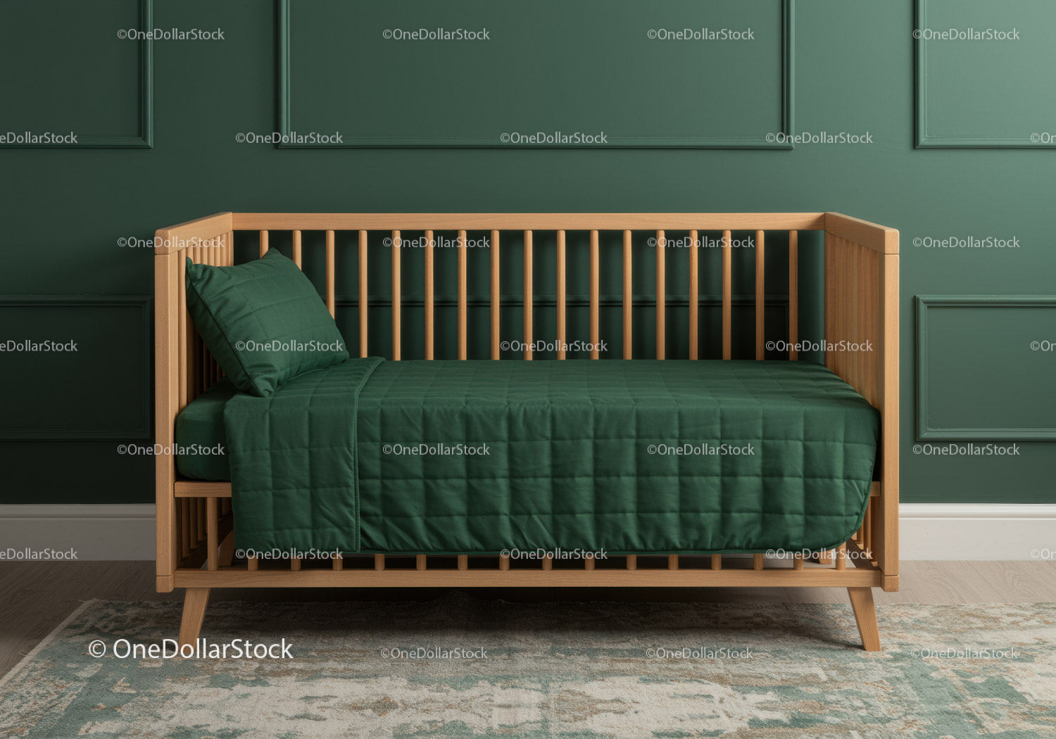 Elegant Green Bed with Wooden Frame in Minimalist Bedroom