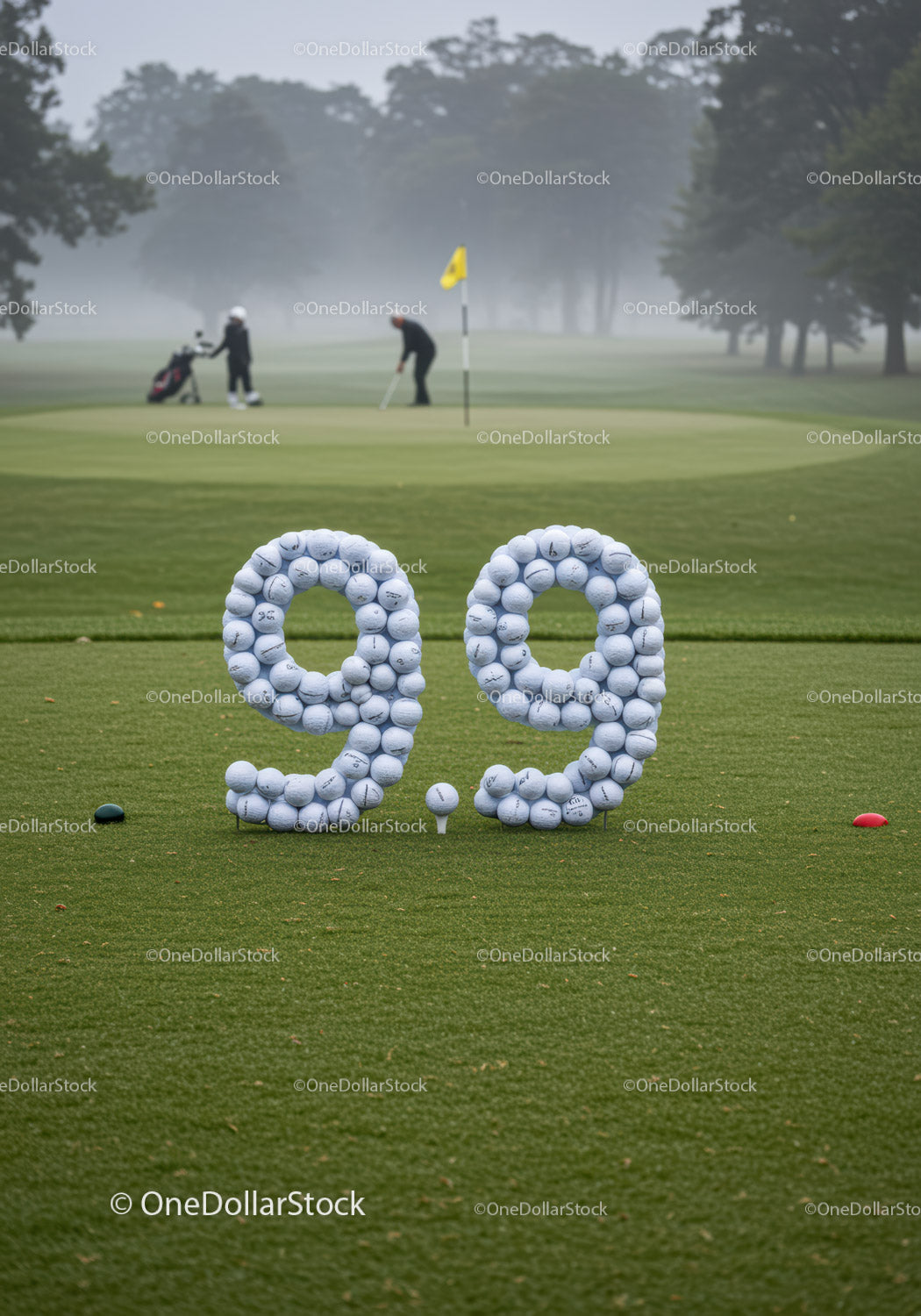 Golf balls arranged in number 99 on green field