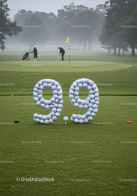 Golf balls arranged in number 99 on green field