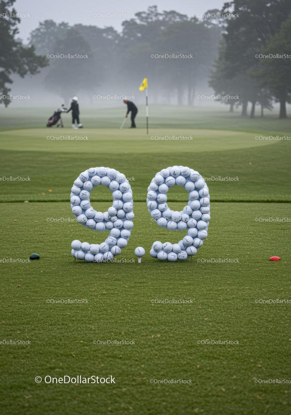 Golf balls arranged in number 99 on green field