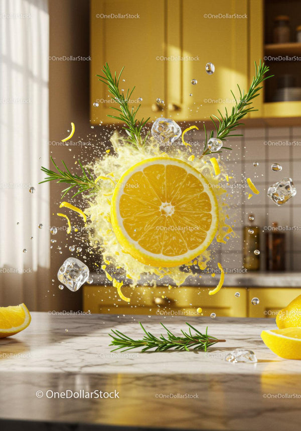 Fresh lemon slice splashing with ice and rosemary
