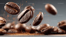 Flying Coffee Beans in Motion on a Dark Background