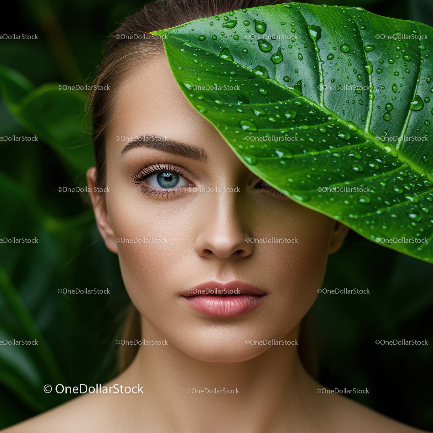 Portret kobiety o niebieskich oczach ukrytej za dużym zielonym liściem
