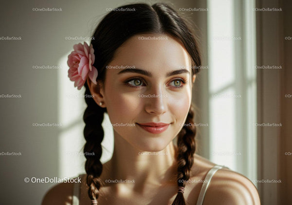 Charming Young Woman with Braided Hair and Pink Flower Accessory