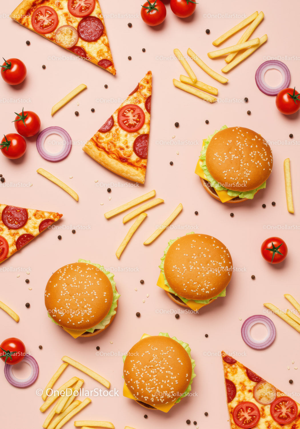 Flat Lay of Fast Food with Burgers Fries and Pizza Slices