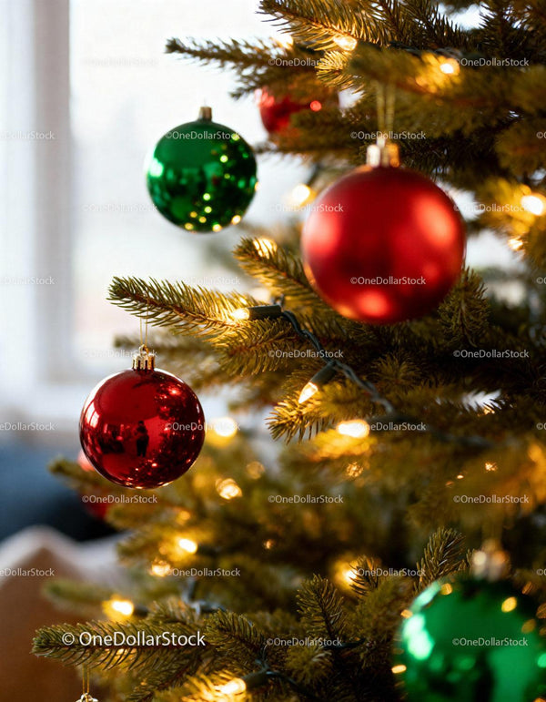 Decorated Christmas tree with festive baubles and lights