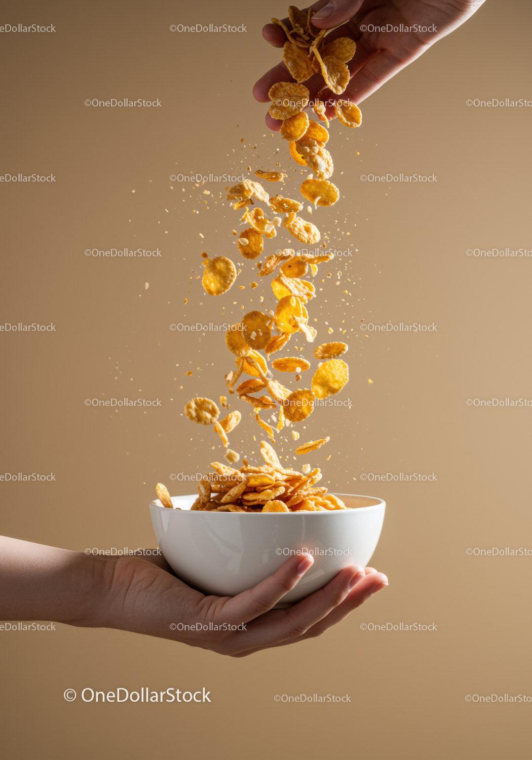 Hand Pouring Crunchy Cornflakes Into White Bowl