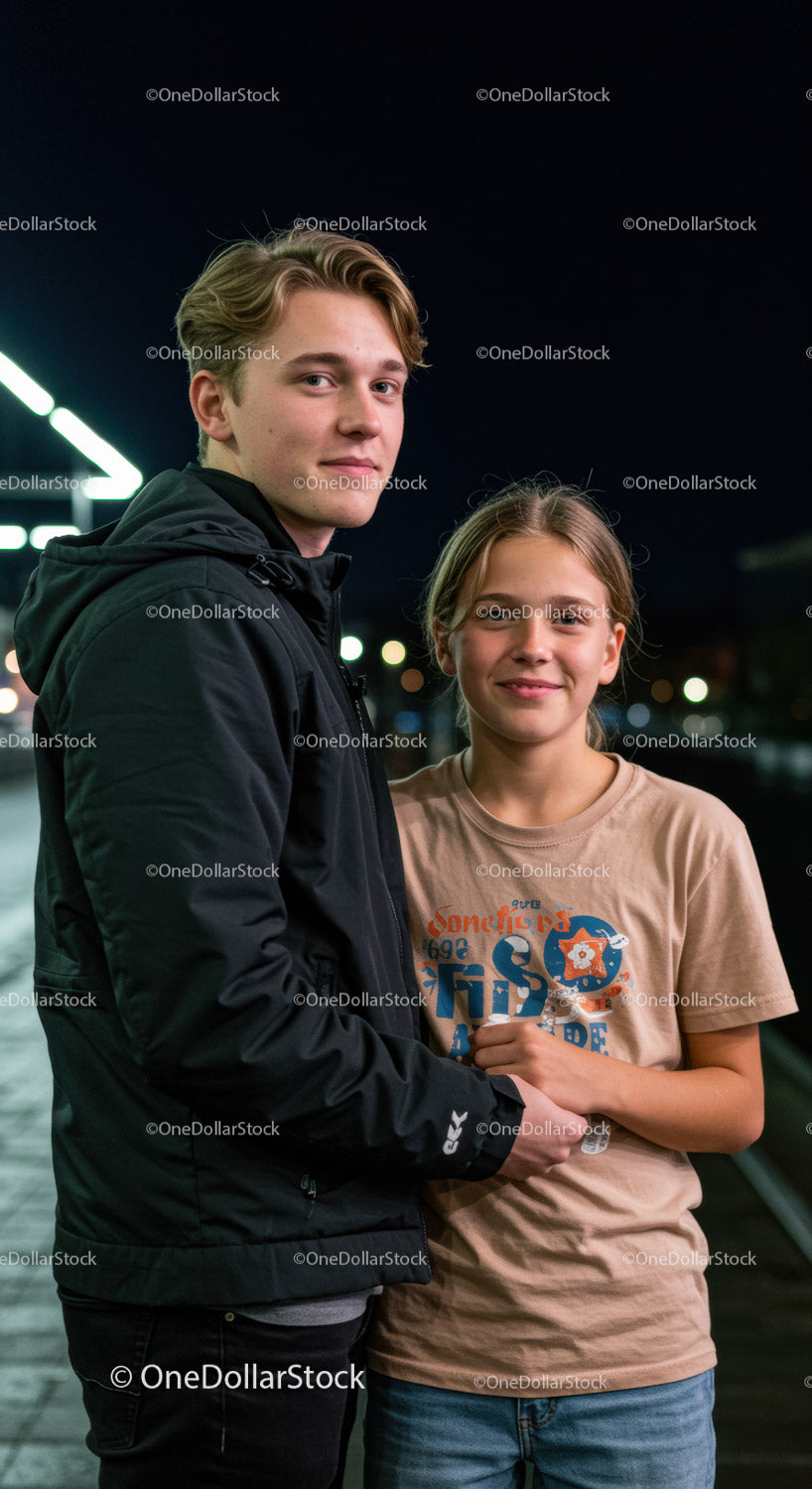 Teenagers Relaxing Outdoors at Night in Urban Night Scene