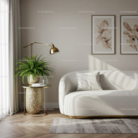 Minimalist living room with white sofa and green plant
