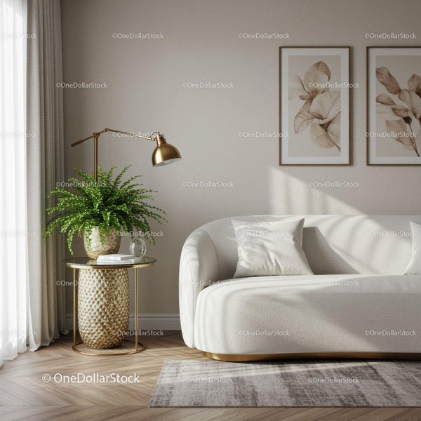 Minimalist living room with white sofa and green plant