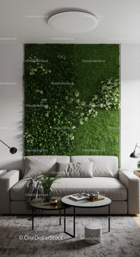 Stylish Living Room with Green Vertical Garden and Cozy Taupe Sofa