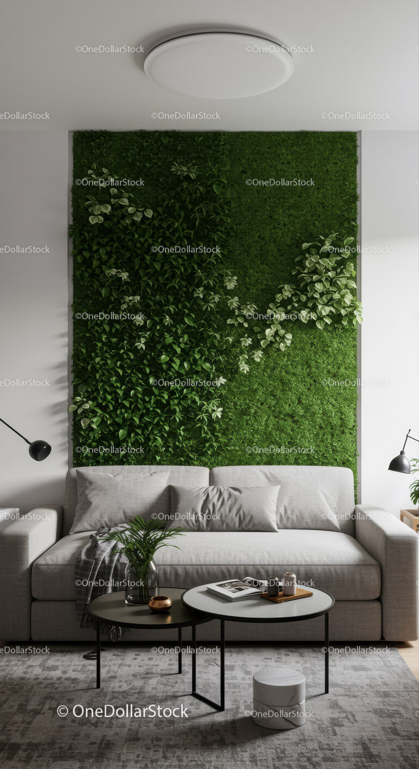 Stylowy salon z zielonym ogrodem wertykalnym i przytulną sofą w kolorze taupe