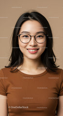 Smiling Young Woman with Glasses in Casual Wear
