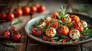 Fresh Cherry Tomatoes and Mozzarella Salad with Herbs on Rustic Table