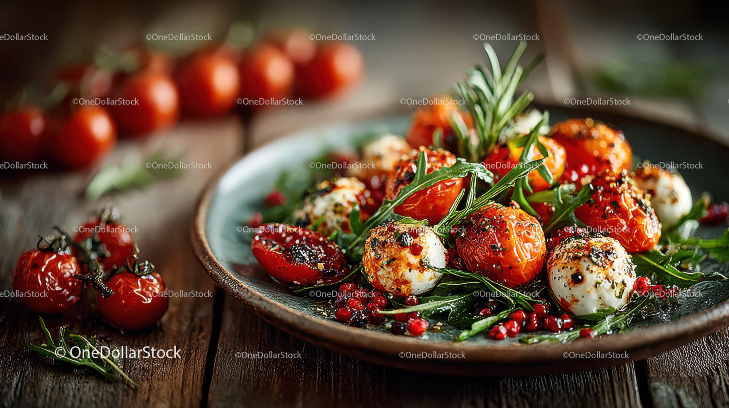 Fresh Cherry Tomatoes and Mozzarella Salad with Herbs on Rustic Table