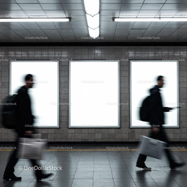 Blurred commuters walking past empty advertising panels JPG Mockup Image