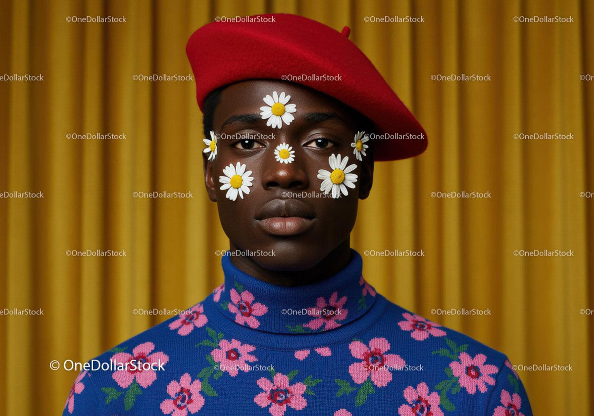 Fashion portrait of man wearing red beret and floral sweater