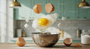 Fresh Egg Cracking Into Metal Bowl with Sugar Cubes