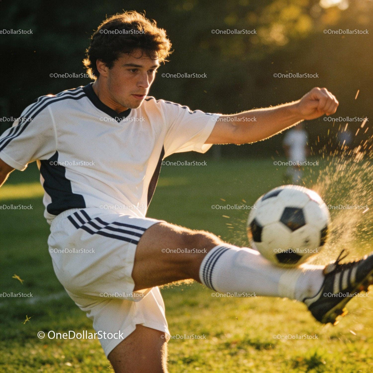 Young male soccer player kicking ball with force