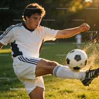 Young male soccer player kicking ball with force