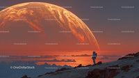 Astronaut Exploring a Surreal Alien Landscape with a Giant Orange Planet