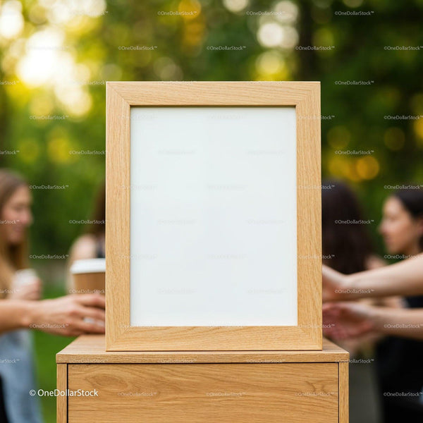 Wooden Frame on Table with Blurred Friends in Garden JPG Mockup Image