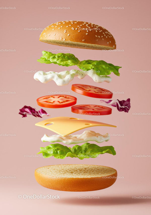 Fresh ingredients floating in classic cheeseburger assembly