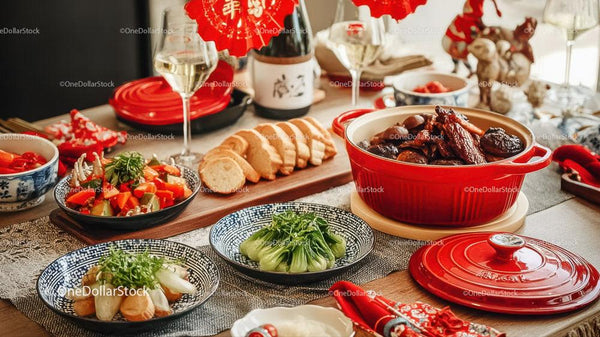 Festive Traditional Chinese New Year Feast with Red Decor and Gourmet Dishes