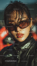 Confident Female Rider in Sunglasses with Motorcycle Gear