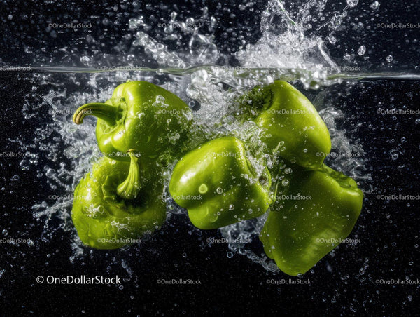 Green Bell Peppers Splashing into Water in Close-Up