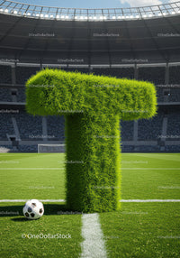 Grass Covered Letter T on Soccer Field with Ball
