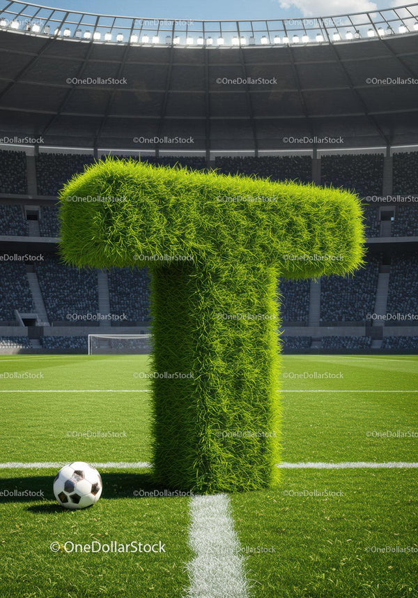 Grass Covered Letter T on Soccer Field with Ball
