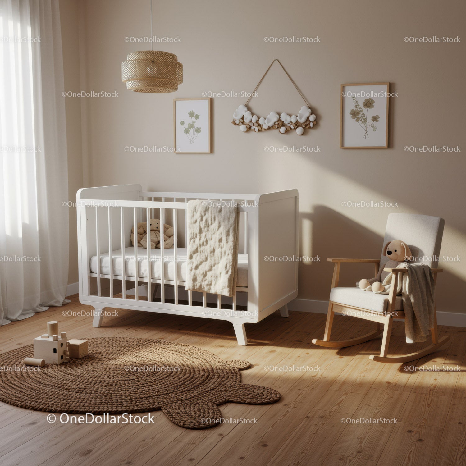 Minimalist nursery with white crib and rocking chair