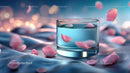 Elegant Glass Jar of Skincare with Pink Petals on Soft Fabric
